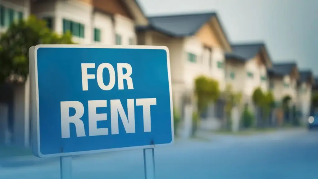 For Rent house sign outside a residential home — affordable rental houses and apartments available in the USA